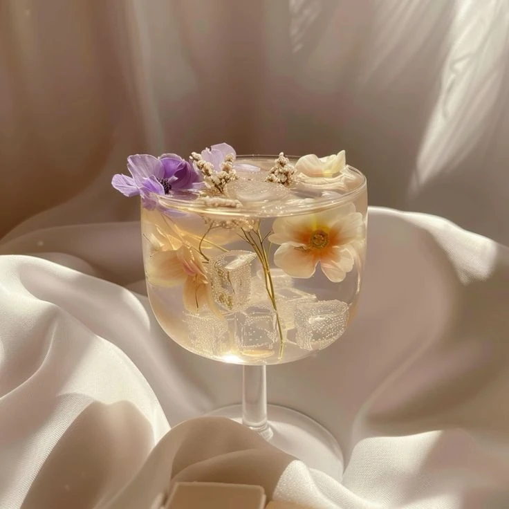 Esteticky naaranžovaný drink s květinami jako inspirace propojení květin a gastronomie